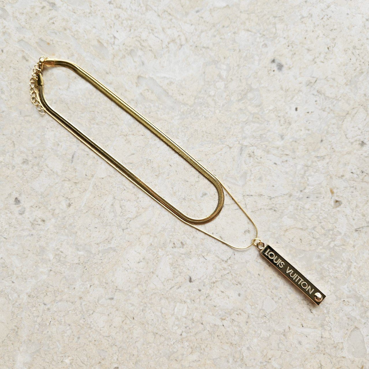 LV Gold Spellout Tag Necklace (Redesigned)