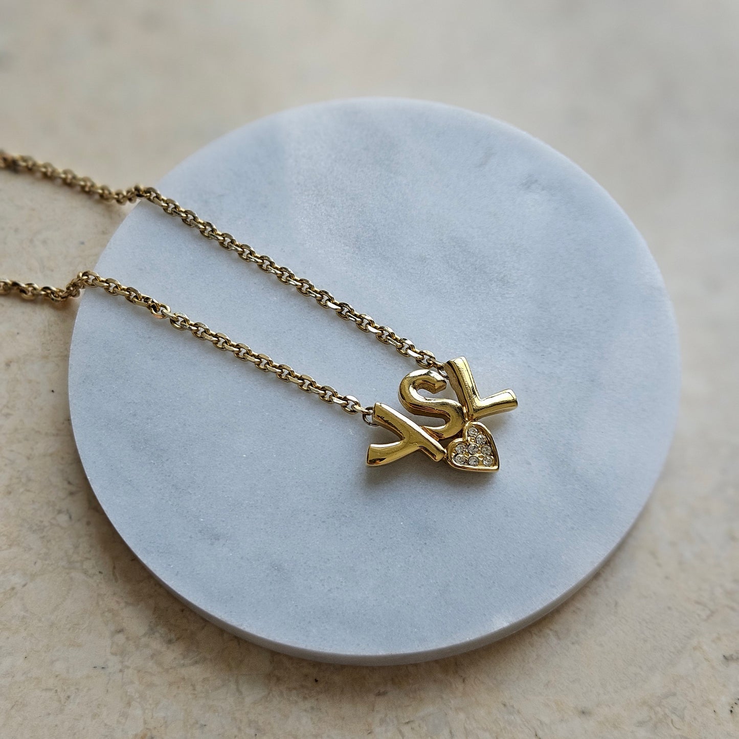 Vintage YSL Spellout Rhinestone Heart Necklace (Redesigned)