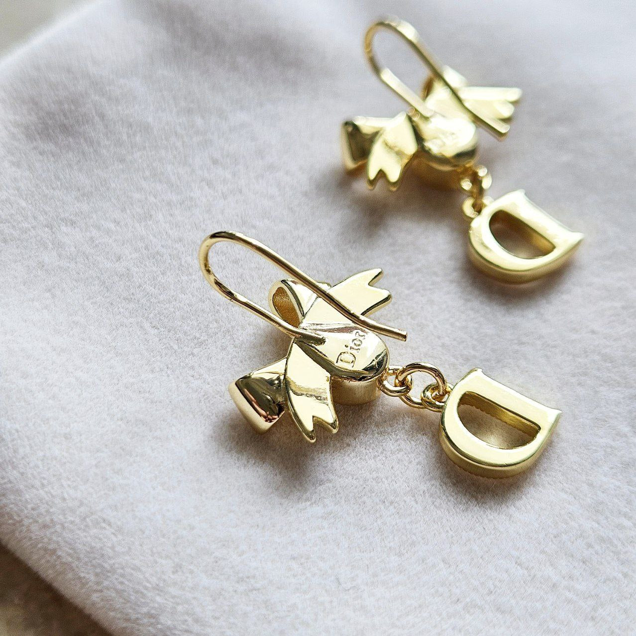 Dior Bow Gold Rhinestone Earrings
