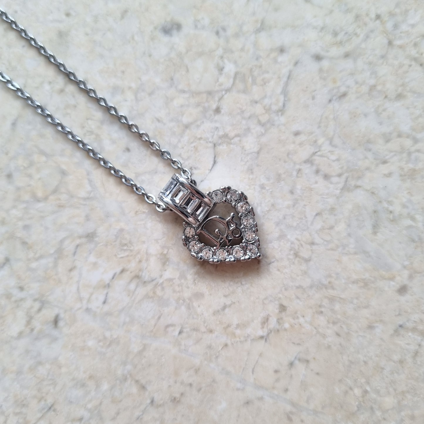 Dior Heart Rhinestone Silver Necklace