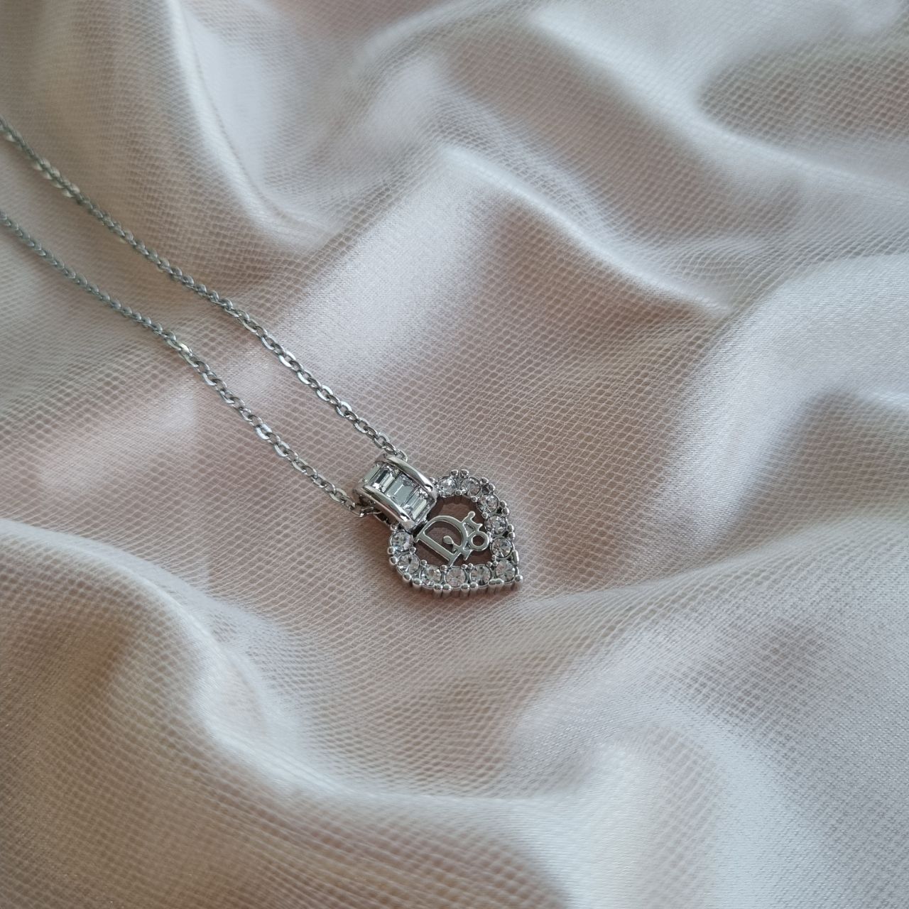 Dior Heart Rhinestone Silver Necklace